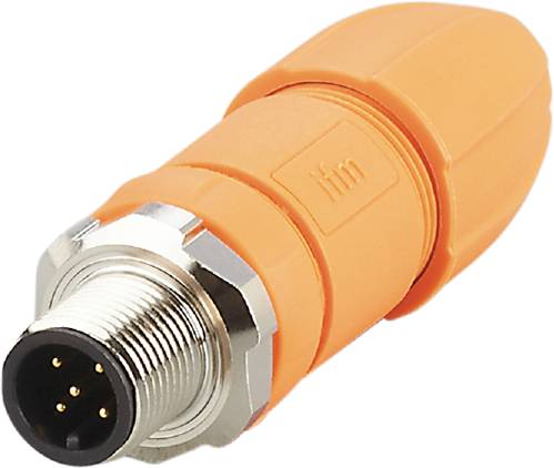 Un connecteur capteur cylindrique orange à quatre broches avec un filetage métallique, partiellement visible, sur un fond blanc.