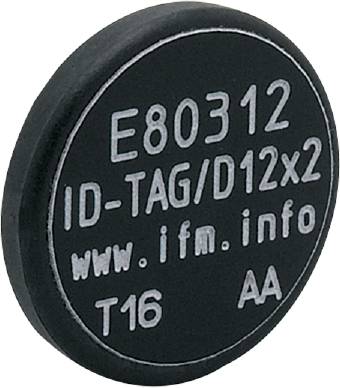 'Étiquette d'identification ronde noire avec inscription blanche : E80312, ID-TAG/D12x2, www.ifm.info, T16, AA.'