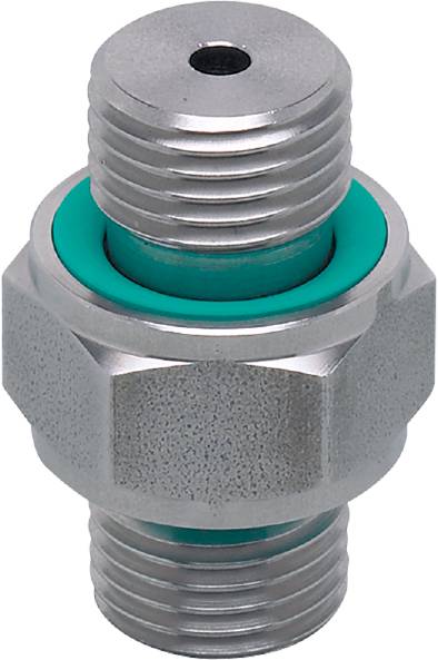 Raccord hexagonal métallique fileté avec joint d'étanchéité vert, adapté aux systèmes de tuyauterie ou aux connexions mécaniques.