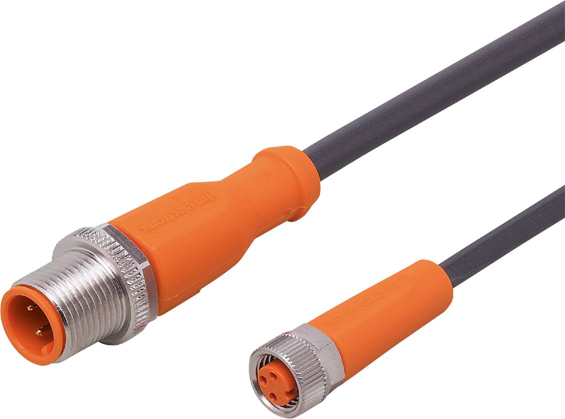 Deux connecteurs industriels orange avec des câbles. L'un a une extrémité mâle, l'autre une extrémité femelle.