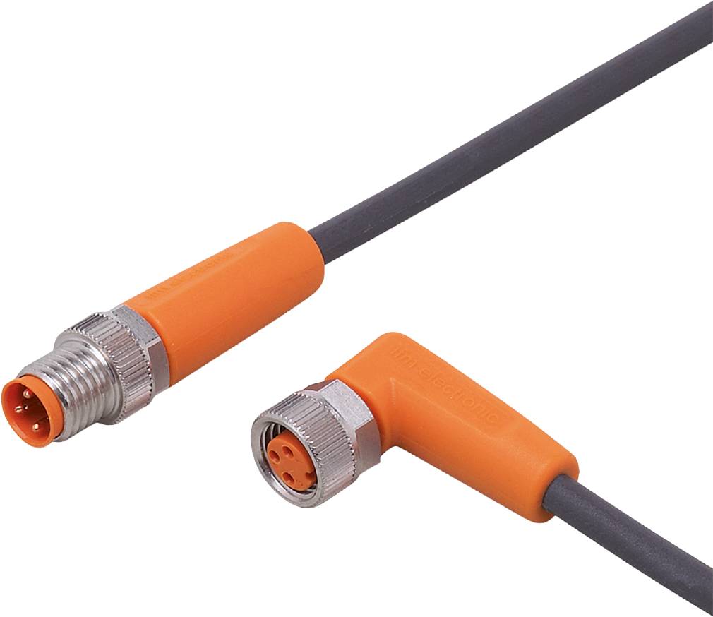 Un câble électrique noir avec deux connecteurs orange à ses extrémités, l'un d'eux disposé à angle droit.
