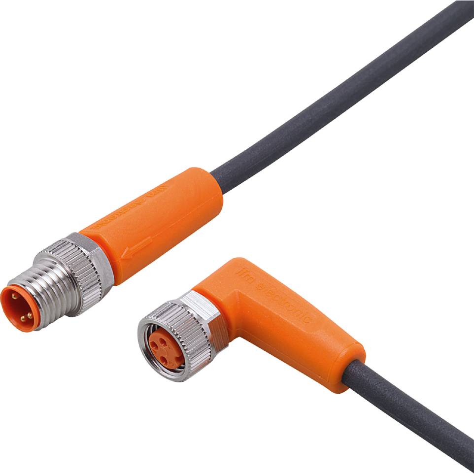 Câble de capteur M12 orange et noir avec connecteur droit et coudé, adapté aux applications industrielles robustes.