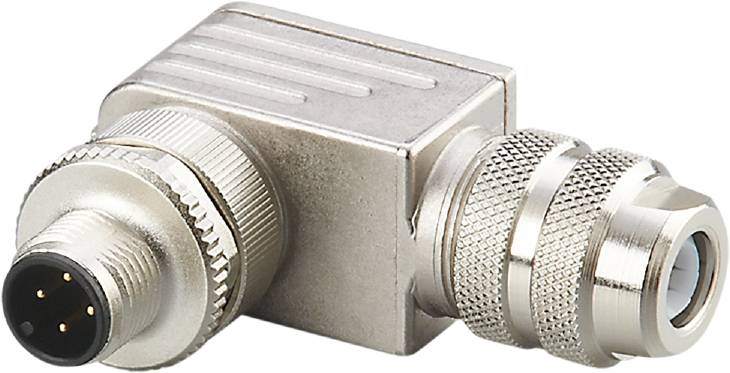 Un adaptateur métallique argenté avec des fermetures à vis striées sur les deux côtés, utilisé pour connecter deux câbles.