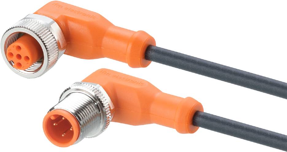 Deux connecteurs en forme de L de couleur orange, fixés sur des câbles noirs, utilisés pour des connexions électriques.