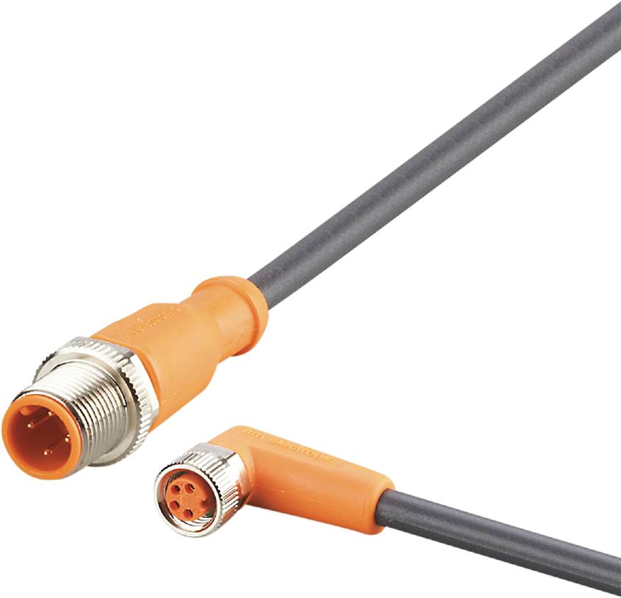 Un câble cylindrique orange avec deux connecteurs, une fiche mâle ronde et un raccord femelle.