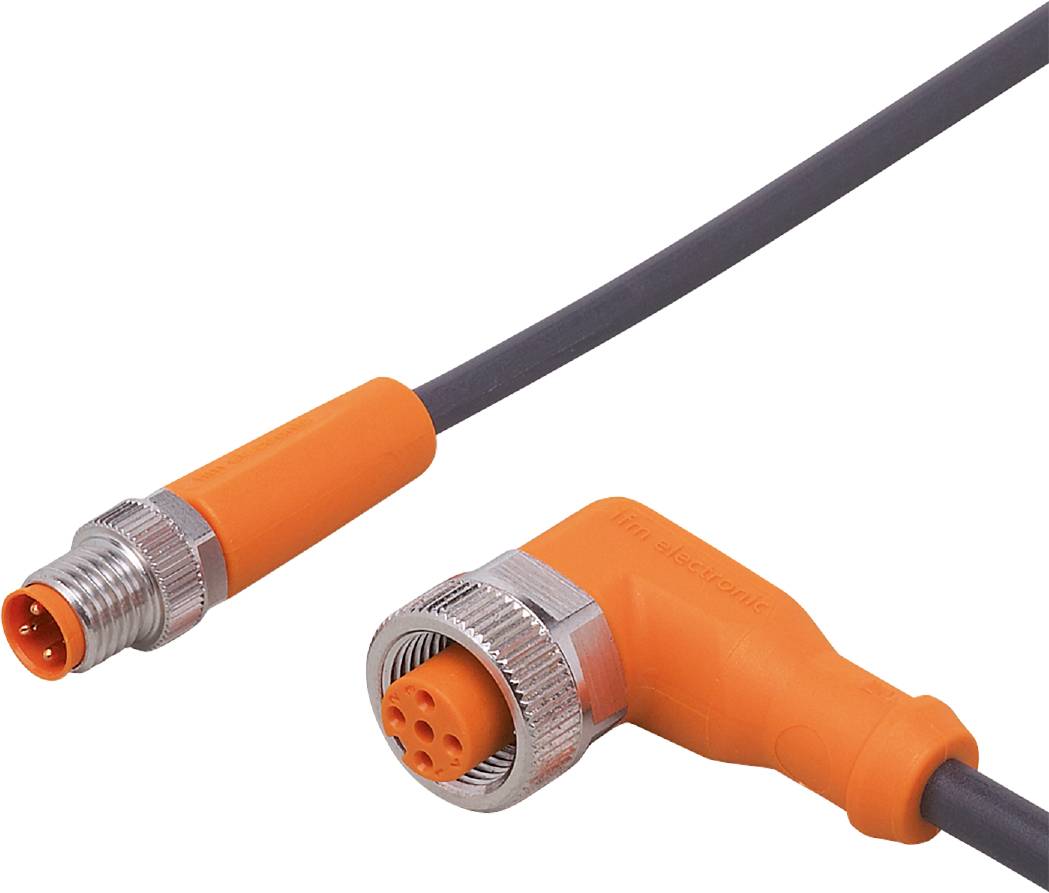 Câbles orange avec connecteur droit et coudé. Marqués 'ifm electronic'. Adaptés aux applications industrielles.