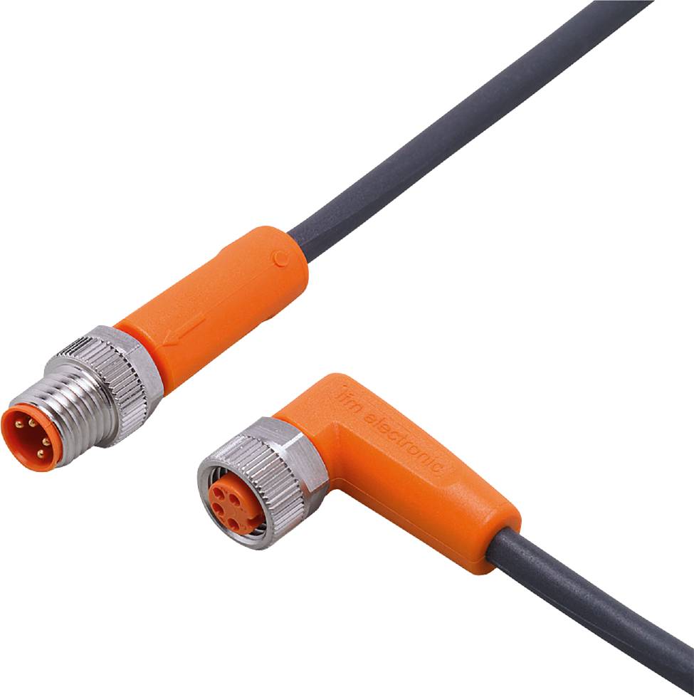 Un câble noir avec un connecteur M12 orange et un connecteur coudé à l'autre extrémité.