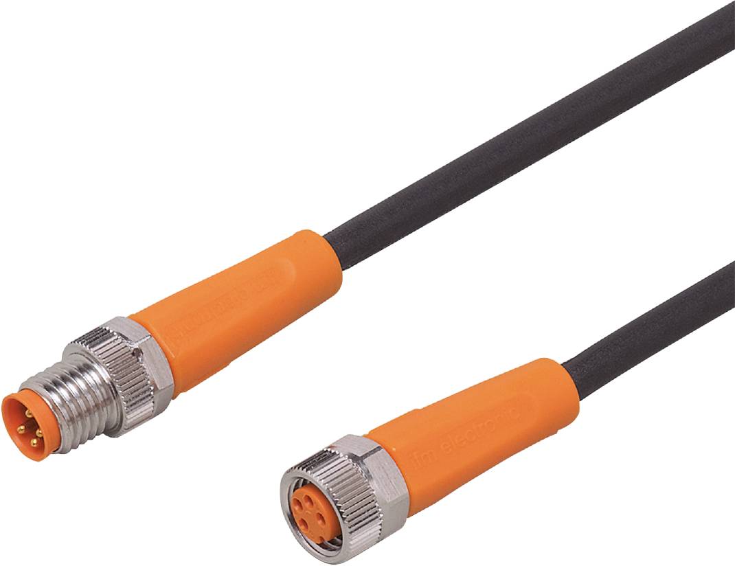 Un câble noir avec deux fiches oranges ; l'une avec des broches, l'autre avec des douilles. Adapté aux applications industrielles.