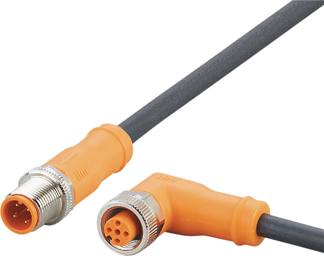 Connecteur industriel droit orange avec cinq broches métalliques et câble noir. Adapté pour des connexions électriques robustes.