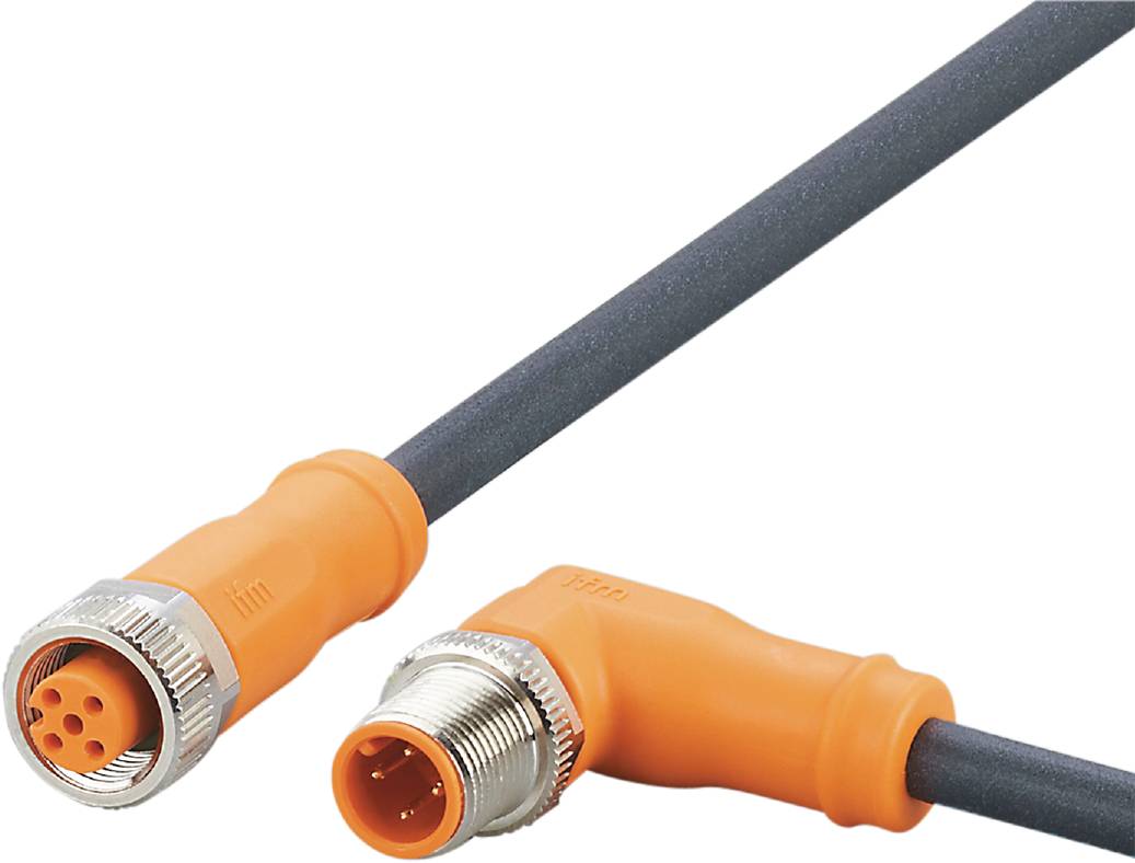 Un connecteur coudé orange avec un câble, adapté aux applications industrielles, montre la connexion et les contacts métalliques.