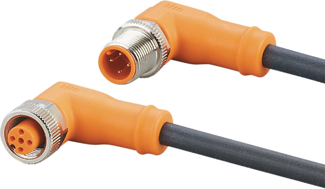 Un câble de connexion orange rectangulaire avec une fiche ronde et plusieurs broches. Adapté aux applications industrielles.