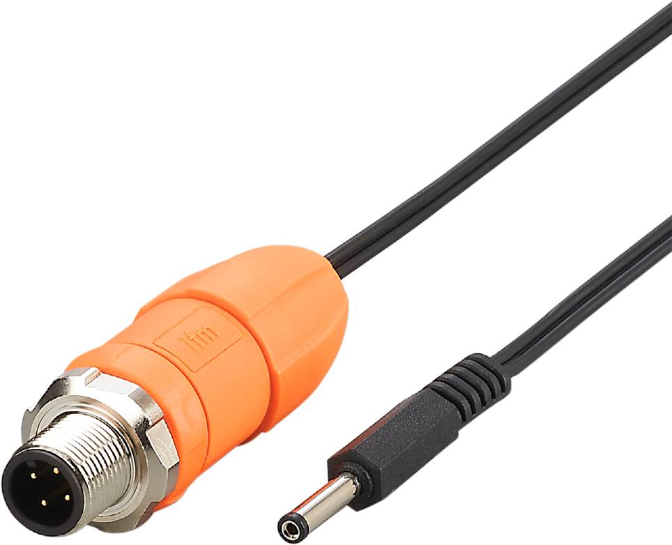 Une fiche électrique orange connectée à un câble noir. À côté, un adaptateur noir avec une tête métallique.