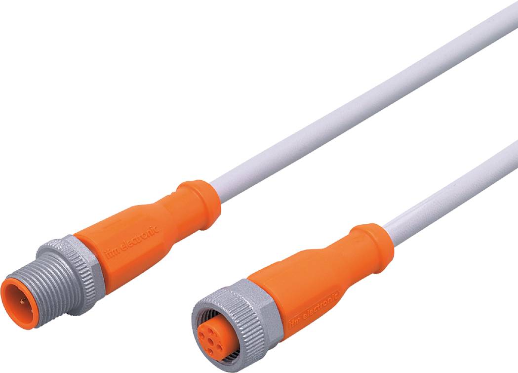 Un câble gris et orange avec des fiches cylindriques aux deux extrémités. Il pourrait être utilisé pour des connexions électroniques.