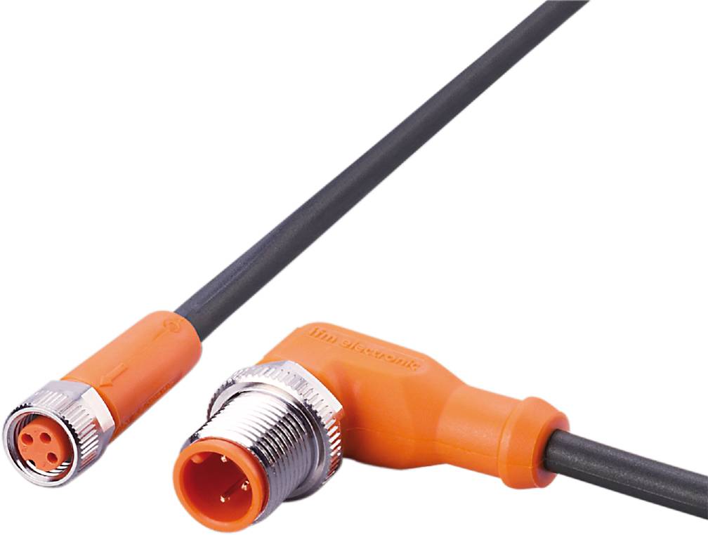 Un câble de connexion M8 orange de ifm electronic, composé d'une fiche droite et d'une fiche coudée.