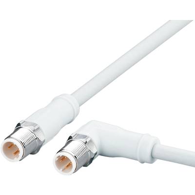 Câble coaxial blanc avec deux connecteurs métalliques ; le câble est plié à angle droit.