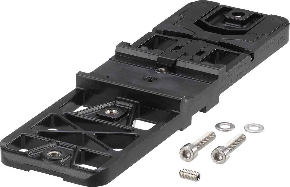 Pièce de fixation en plastique noir avec vis métalliques et rondelle, utilisée pour des solutions de montage dans des applications mécaniques.
