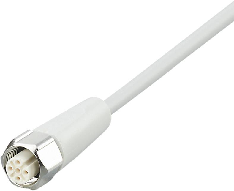 Gros plan d'un câble coaxial blanc avec un connecteur métallique, isolé sur fond blanc.