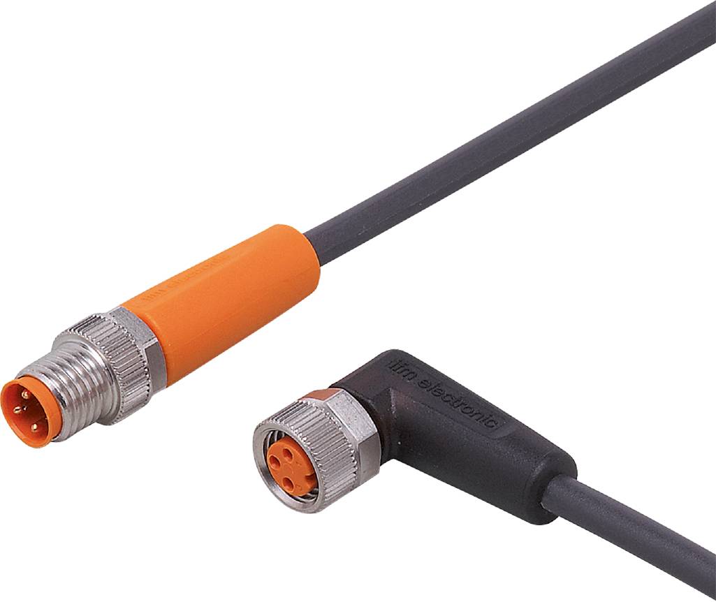 Un câble gris avec une fiche noire en forme de L, relié par un anneau métallique. Une extrémité dispose d'un connecteur orange.