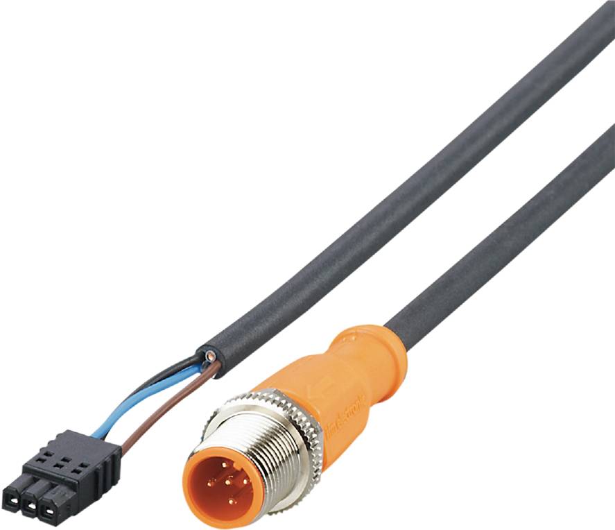 Un câble noir avec un connecteur rond de couleur orange, montrant plusieurs broches métalliques.