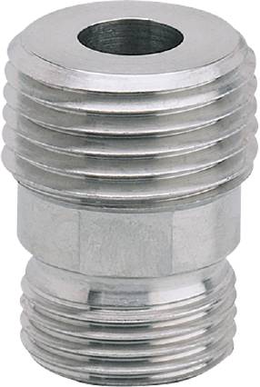 Adaptateur de filetage métallique sur fond blanc, avec plusieurs rainures circulaires et une partie centrale hexagonale.