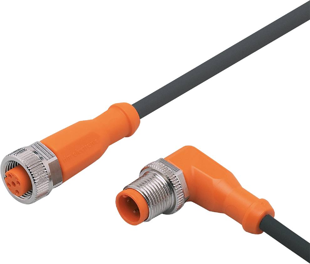 Un connecteur coudé orange à côté d'un connecteur droit, tous deux fixés à des câbles noirs.