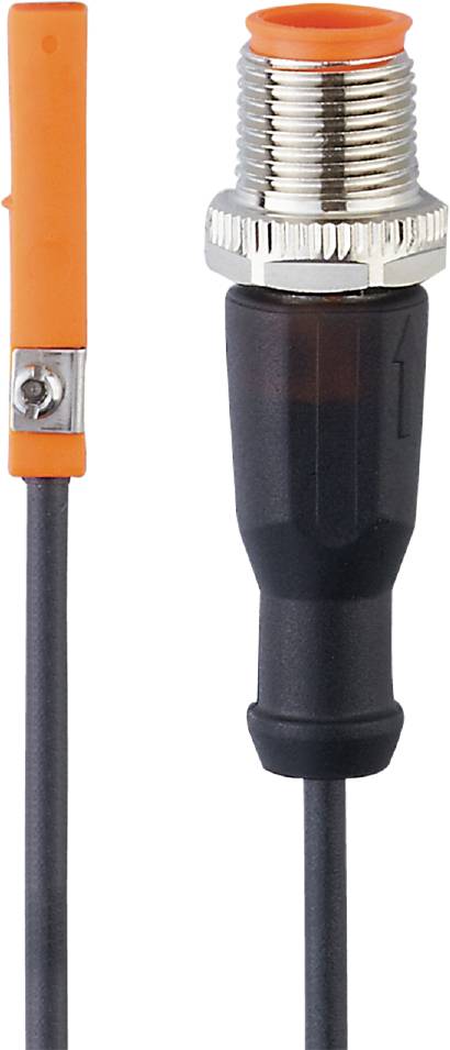Une fiche noire et orange avec un clip métallique, probablement une connexion électrique.