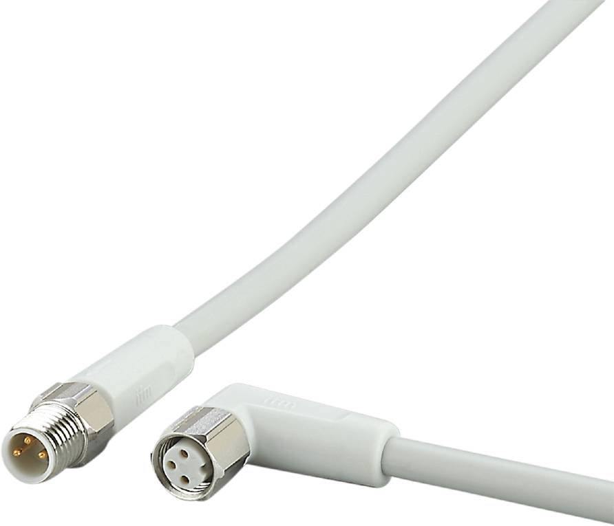 Un câble coaxial blanc avec une fiche coudée à angle droit.