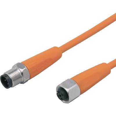 Un câble orange avec une extrémité de fiche métallique et un connecteur. Il est probablement utilisé pour des connexions électroniques.