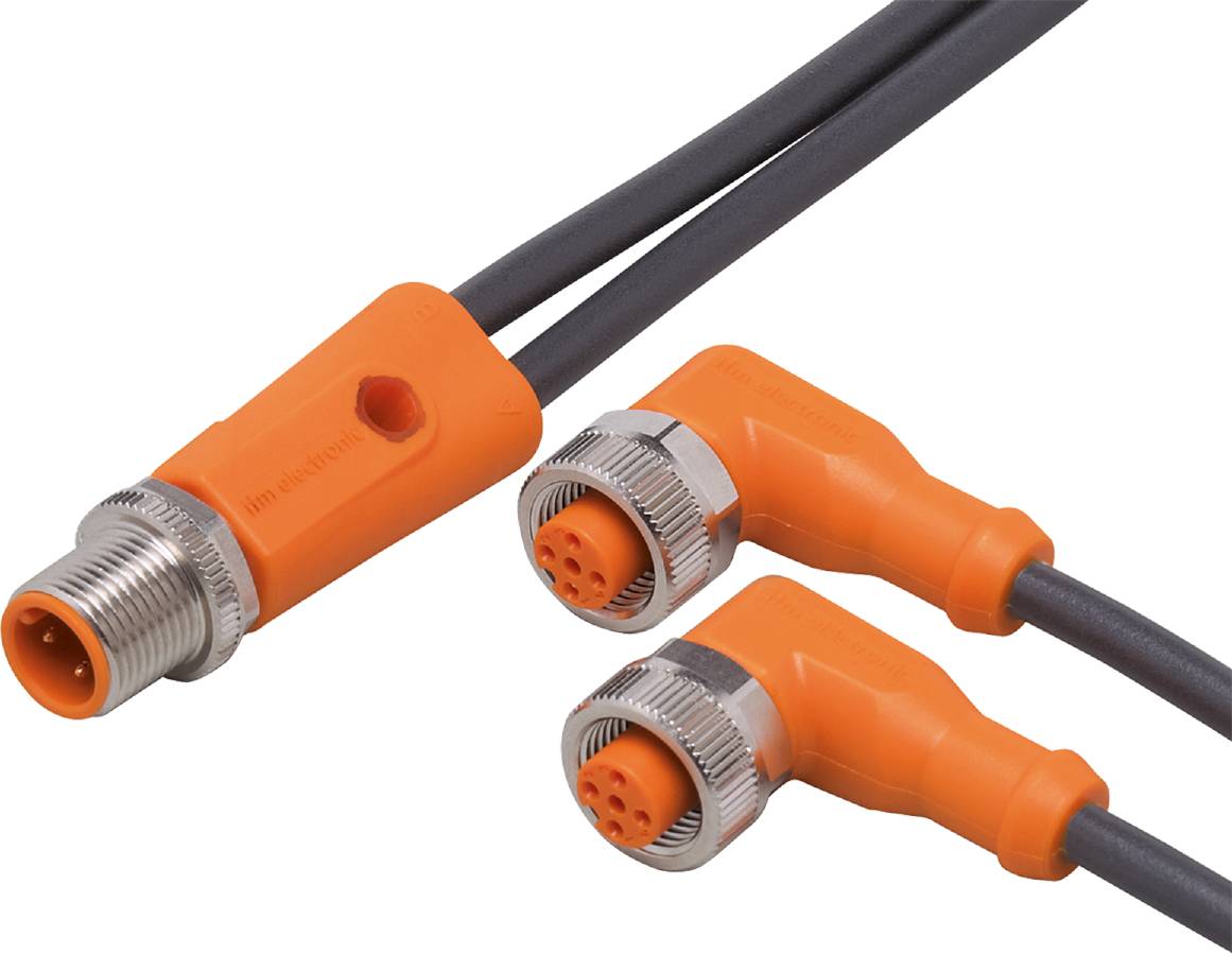 Deux connecteurs orange avec fiches coudées et vis métalliques, reliés par des câbles noirs.