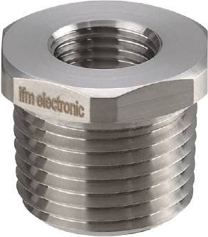 Un élément fileté en argent, de nature métallique, portant l'inscription 'ifm electronic'. Il semble s'agir d'un élément de fixation ou d'un adaptateur.