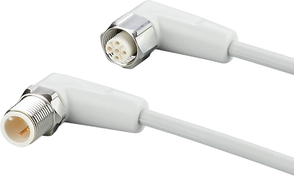 Deux connecteurs blancs en forme de L avec plusieurs broches, reliés par un câble. Adaptés aux applications industrielles ou techniques.