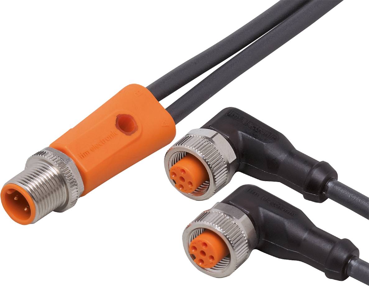 Connecteur à broches avec boîtier orange et plusieurs broches, connecté à deux câbles noirs. Adapté pour des applications industrielles.