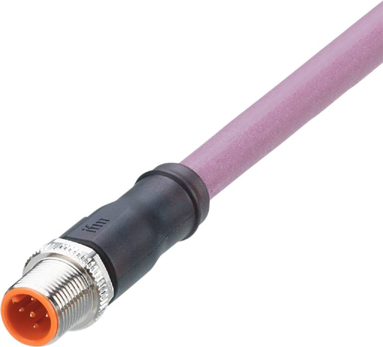 Un connecteur M12 avec un câble rose, couramment utilisé dans des applications industrielles pour la transmission de signaux et de données.