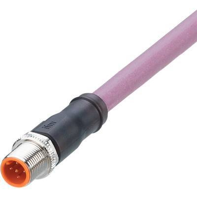 Un connecteur M12 avec un câble rose, couramment utilisé dans des applications industrielles pour la transmission de signaux et de données.