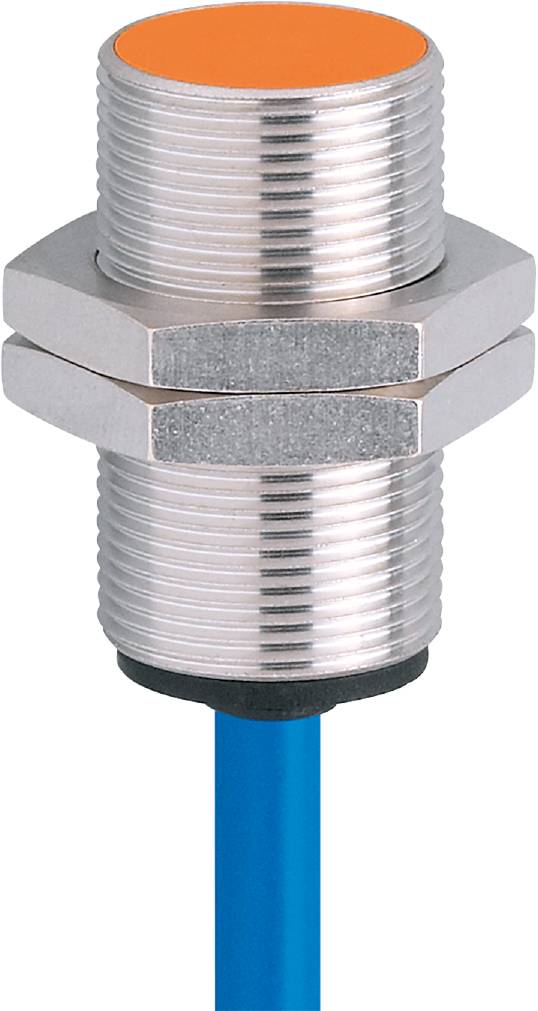 Capteur cylindrique métallique fileté en haut, avec connecteur câblé bleu en bas. Capteur de proximité inductif.