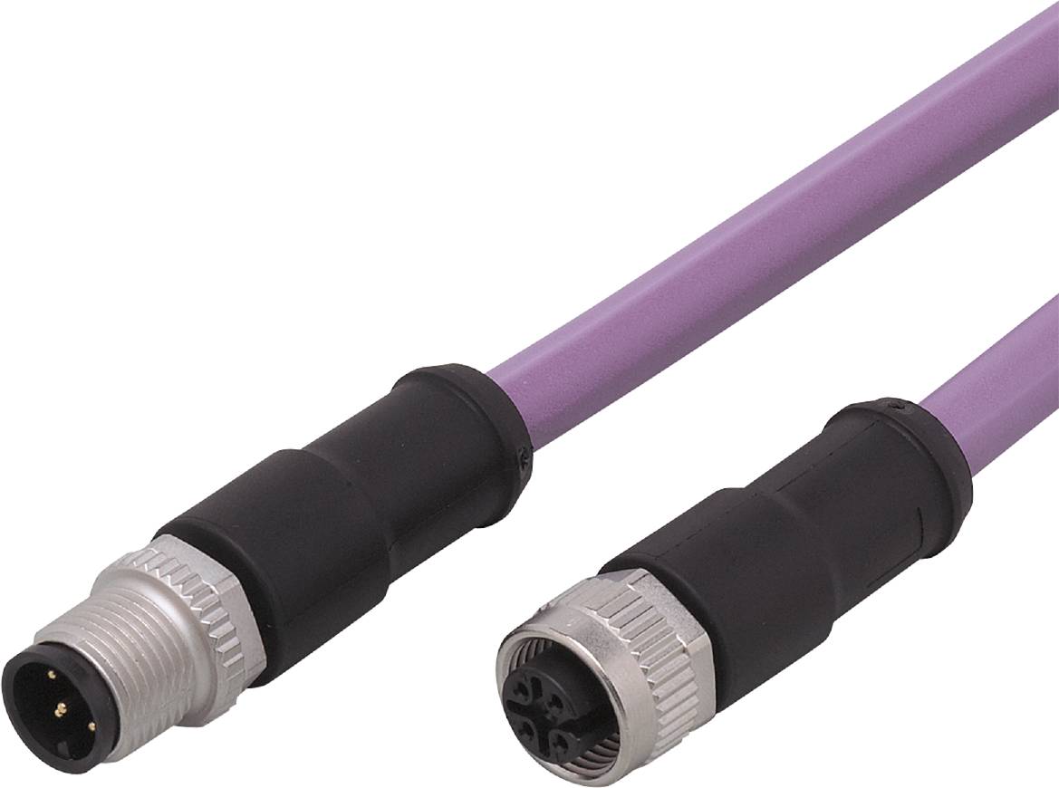 Un câble violet avec des fiches noires et argentées à chaque extrémité. Une fiche est branchée dans l'autre, montrant ainsi une connexion.