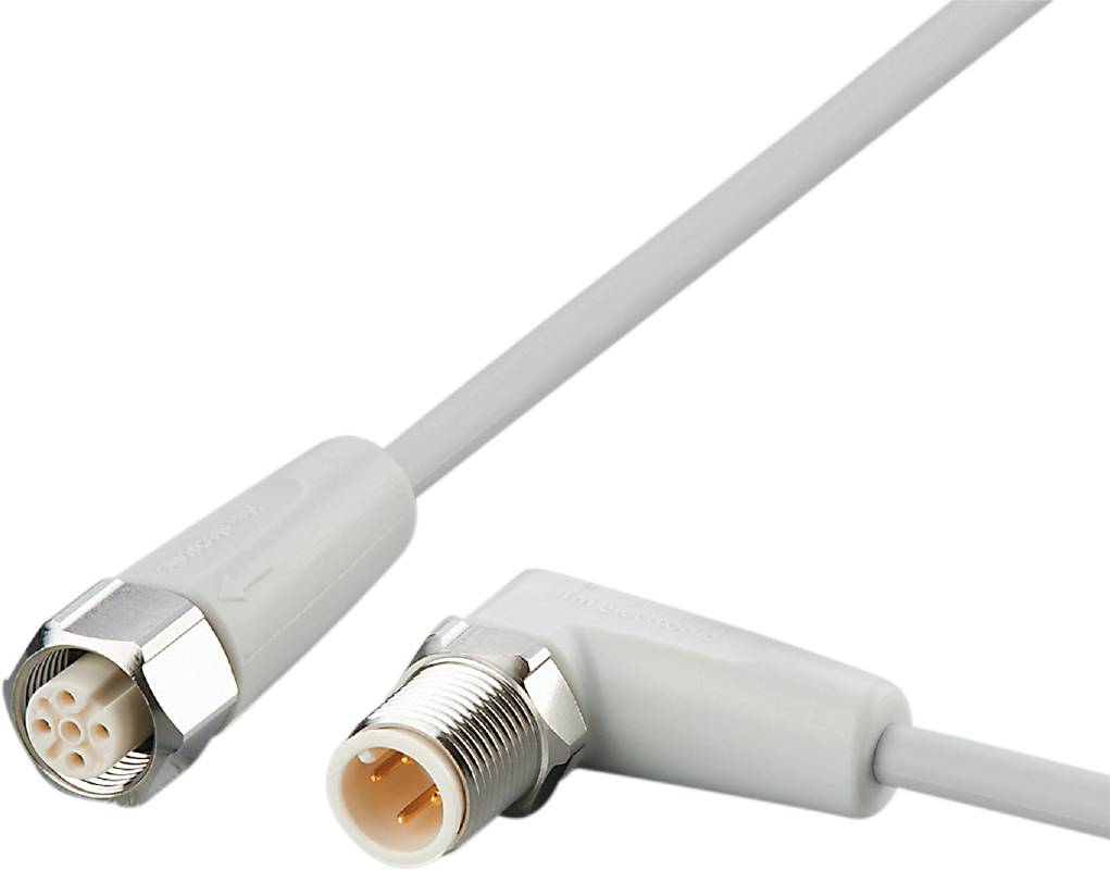 Un câble coaxial gris avec deux connecteurs F, adapté aux connexions télévisuelles et à la réception satellite, sur un fond blanc.
