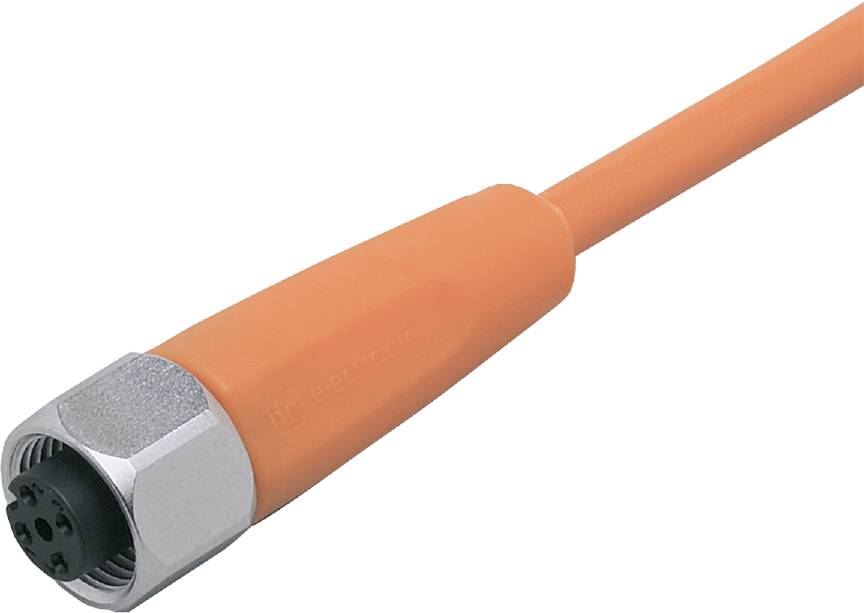 Un câble orange avec un connecteur métallique sur fond blanc. Le câble porte l'inscription 'ifm electronic'.