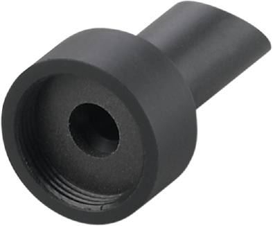 Adaptateur noir en plastique de forme tubulaire avec ouverture filetée. Probablement destiné à être raccordé à un tuyau ou une conduite.