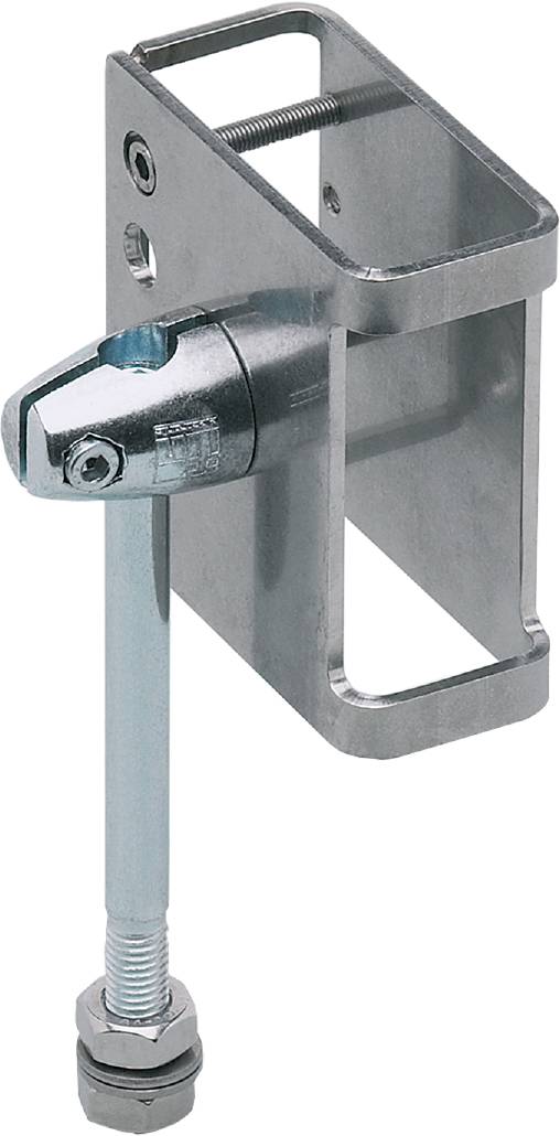 Verrou métallique fixé à une structure métallique, en position verrouillée.