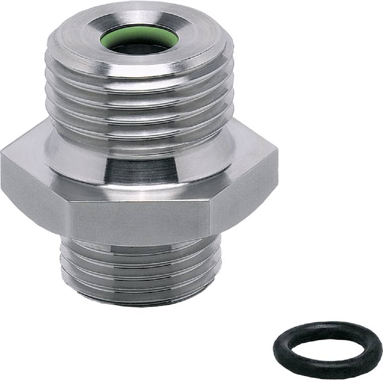 Adaptateur brillant métallique avec filetage intérieur et extérieur, accompagné d'un joint d'étanchéité noir. Convient pour les raccordements de tuyaux.
