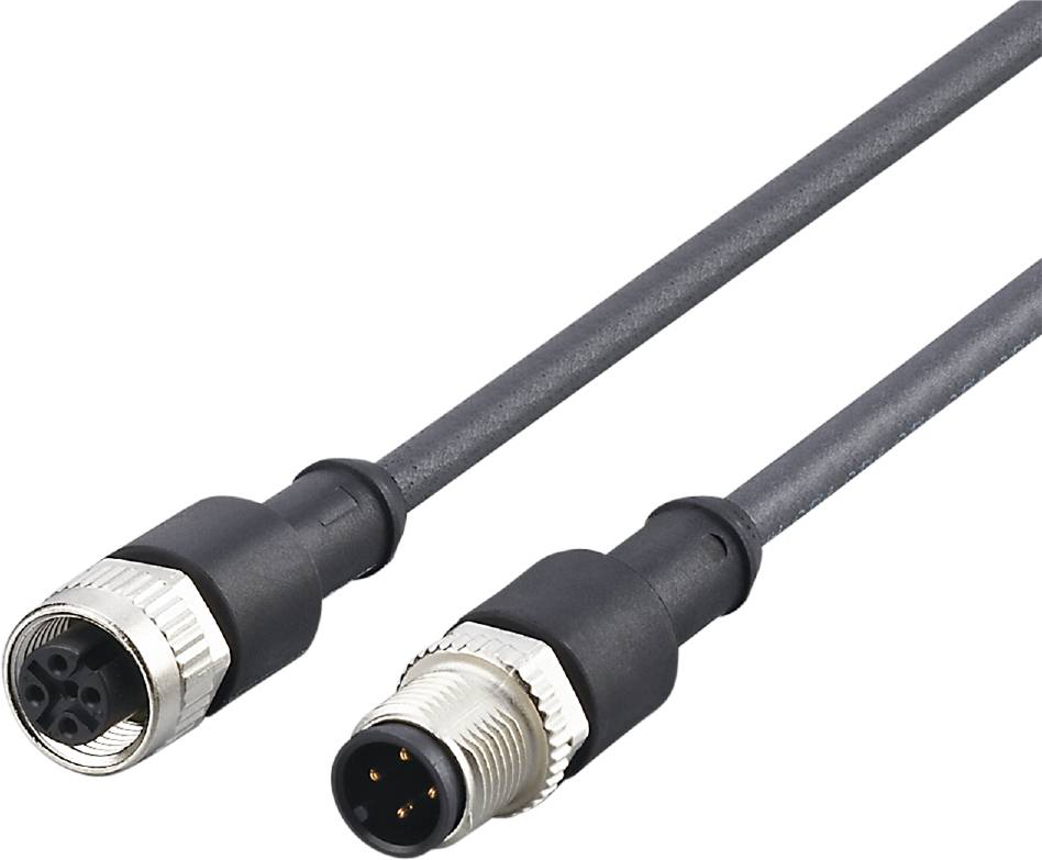 Deux câbles de connexion noirs avec des fiches rondes. L'un présente une ouverture filetée, l'autre dispose de broches métalliques visibles.