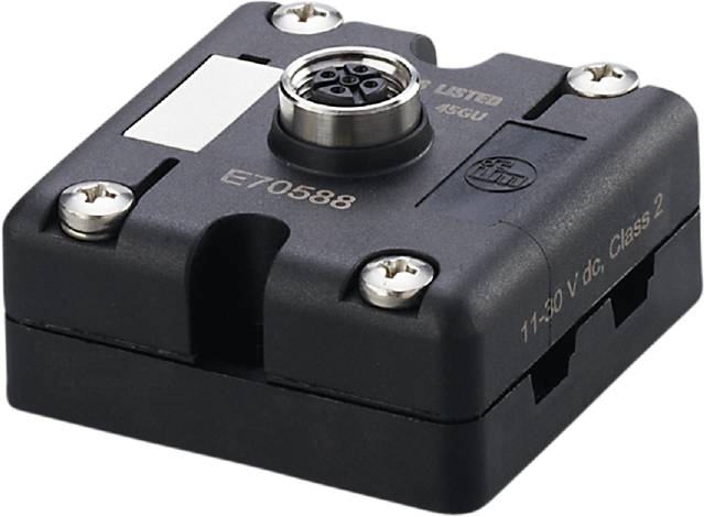 Un capteur électronique noir avec quatre vis, un connecteur central et l'inscription '11-50 V CC'.