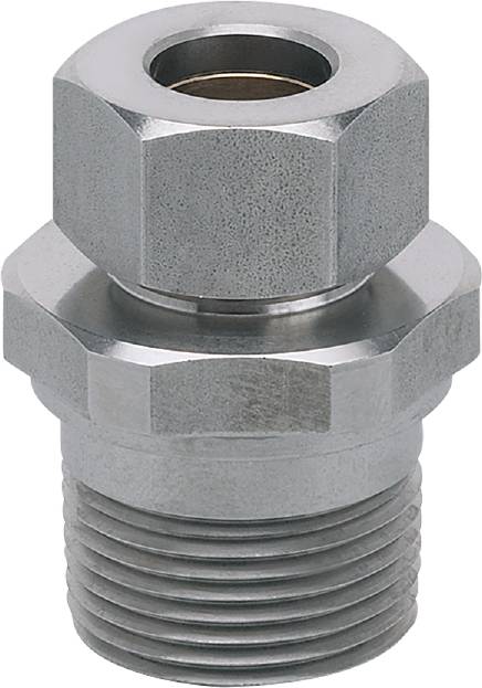 Écrou hexagonal argenté sur un boulon fileté, adapté pour des fixations mécaniques.