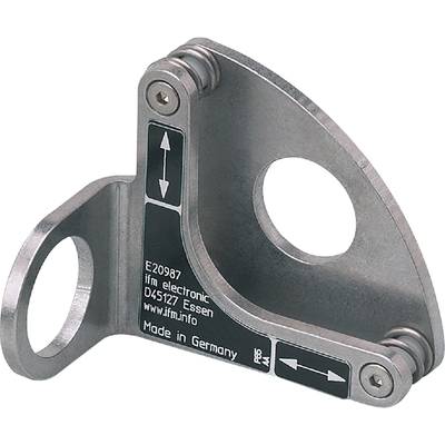 Charnière métallique avec inscription 'E20987 ifm electronic Essen' et 'Made in Germany'. Présence d'échancrures circulaires et de flèches.