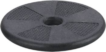 Disque rond noir en caoutchouc avec un motif texturé et un trou central, généralement utilisé pour des exercices de fitness ou de musculation.