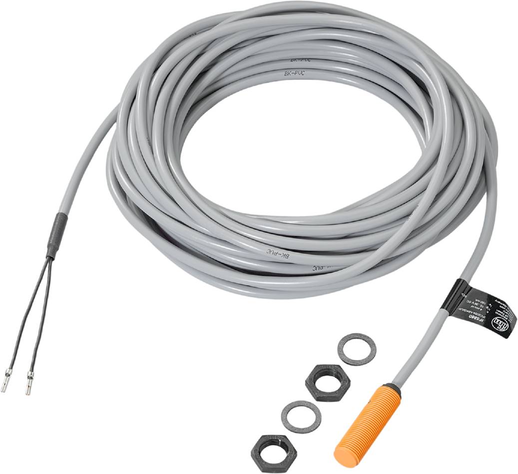 Câble de thermistance NTC gris avec capteur orange et trois rondelles métalliques. Utilisé pour la surveillance de température.