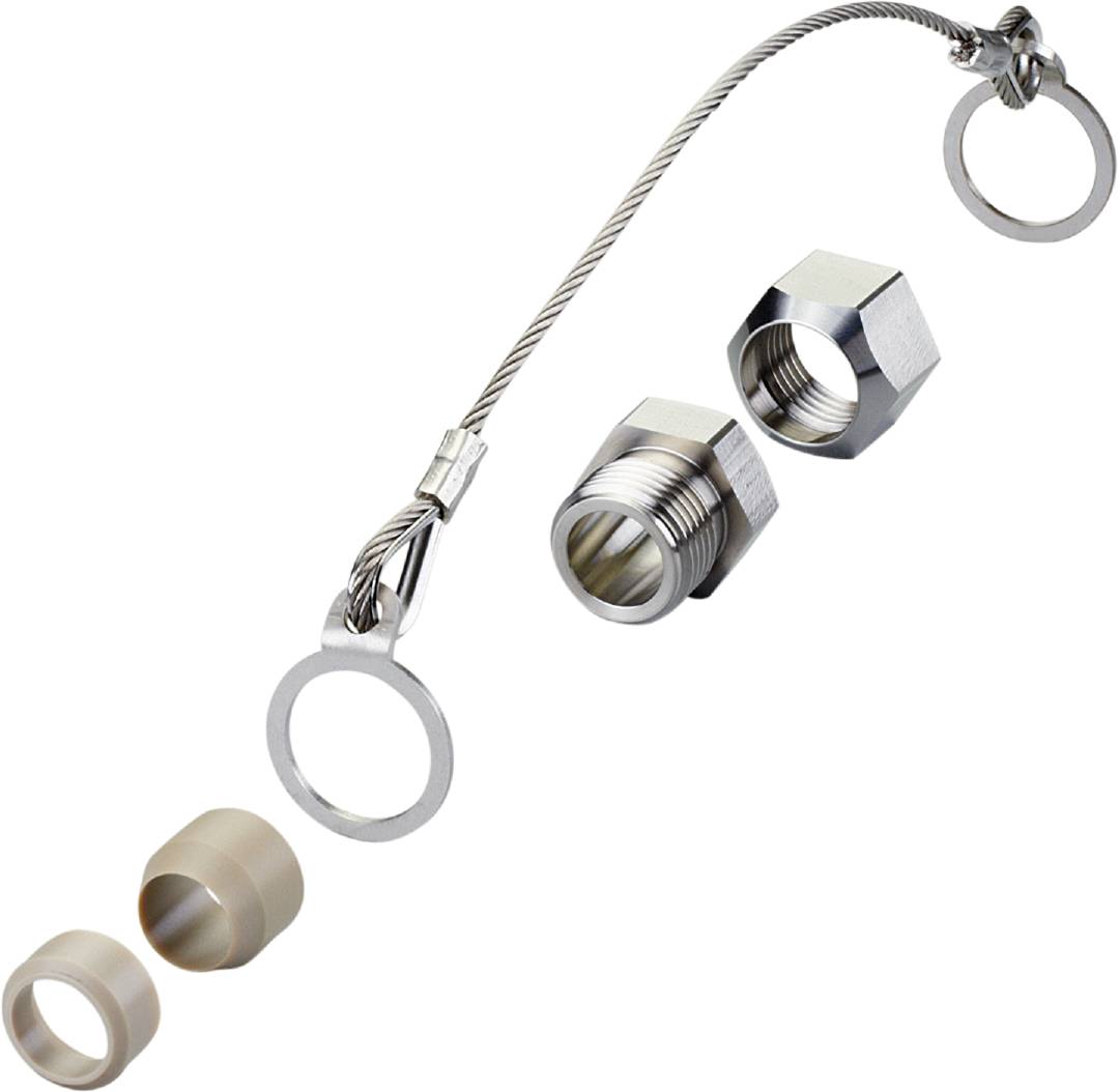 Câbles métalliques avec anneaux et deux écrous correspondants en différents matériaux, montrant des pièces d'un système de fixation mécanique.