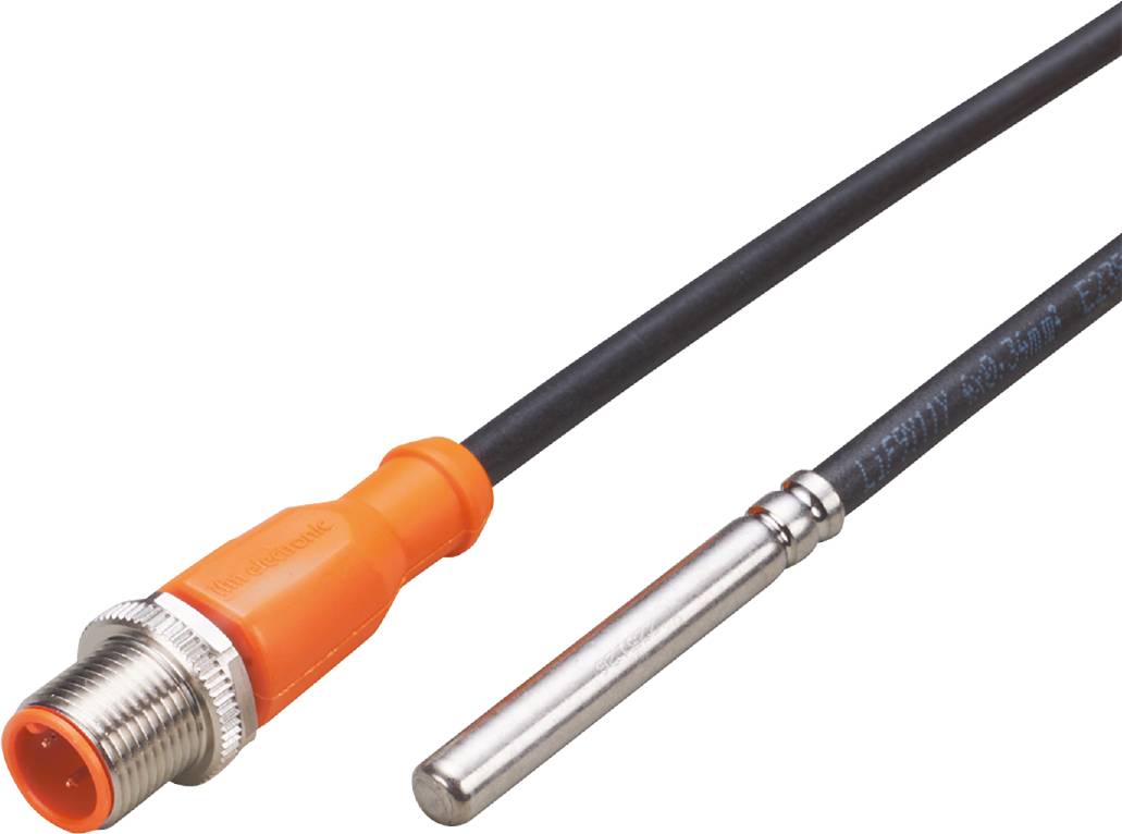 Un capteur résistant à la température avec sonde métallique et câble de connexion à vis de couleur orange, adapté aux applications industrielles.