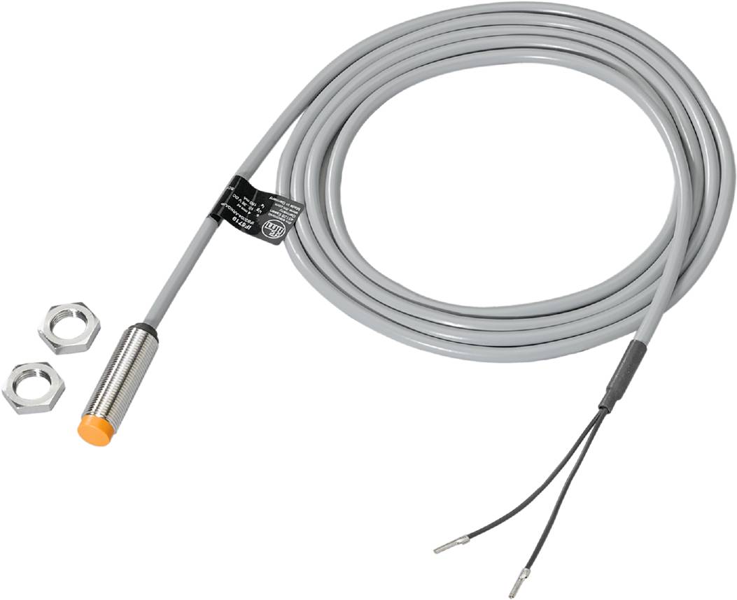 Un capteur cylindrique fileté, avec une tête orange et un long câble gris. À côté du capteur se trouve un écrou métallique.
